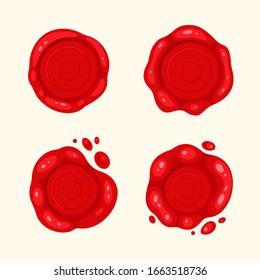 Dibujo 3d sellos de cera roja viejos iconos vectoriales. Sellos vacíos símbolo de calidad, garantía y seguridad. Juego de etiquetas de sellado