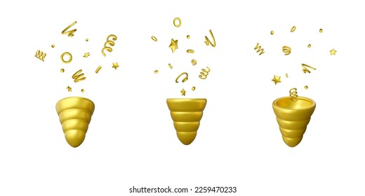 Cartoon 3D render set of gold party popper. Firecracker with flying confetti stars, spirals and ribbons. Vector illustration isolated on white