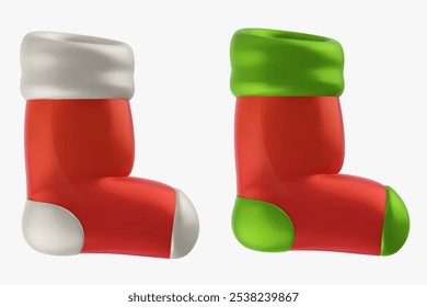 Cartoon 3d Santa Claus sock isolated on white background. Christmas holiday design element. New year decoration in realistic vector style.