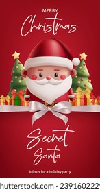 Cartoon 3D Santa illustration for a festive Secret Santa banner invitation. Fun and cute holiday design with realistic elements. Perfect for Christmas celebrations. Not AI generated