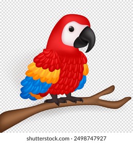 Cartoon 3d Scarlet Macaw Parrot as a symbol of Latin American culture. Three dimensional colorful bird (Ara macao parrot) sits on a tree branch isolated on transparent background