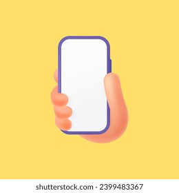 Cartoon 3d smartphone mockup. Empty screen. Hand hold phone. Vector