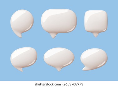 Cartoon 3d speech bubbles. Blank glossy text boxes, different shapes, communication three dimensional elements, templates, round and square balloons, classy vector render isolated set