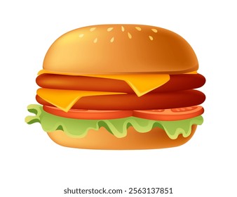 Cartoon 3d style burger with double patties ,tomato,cheese and lettuce. Sweet tasty bun. Fastfood dinner. Vector illustration isolated on white background.