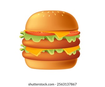 Cartoon 3d style burger with double patties ,tomato,cheese and lettuce. Sweet tasty bun. Fastfood dinner. Vector illustration isolated on white background.