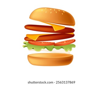 Cartoon 3d style burger with double patties ,tomato,cheese and lettuce. Sweet tasty bun. Fastfood dinner. Vector illustration isolated on white background.