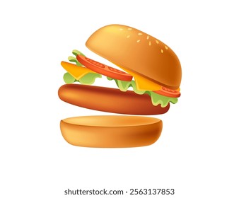 Cartoon 3d style burger with meat patty,tomato,cheese and lettuce. Sweet tasty bun. Fastfood dinner. Vector illustration isolated on white background.