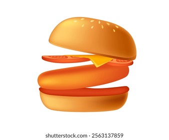 Cartoon 3d style burger with meat patty, tomato,cheese and lettuce. Sweet tasty bun. Fastfood dinner. Vector illustration isolated on white background.