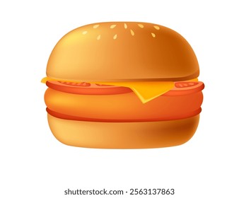 Cartoon 3d style burger with meat patty, tomato,cheese and lettuce. Sweet tasty bun. Fastfood dinner. Vector illustration isolated on white background.