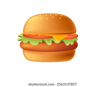 Cartoon 3d style burger with meat,tomato,cheese and lettuce. Sweet tasty bun. Fastfood dinner. Vector illustration isolated on white background.