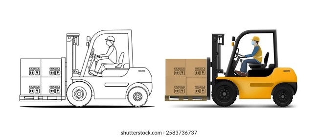 Cartoon And 3D Style Forklift Vehicle With Driver. EPS10 Vector