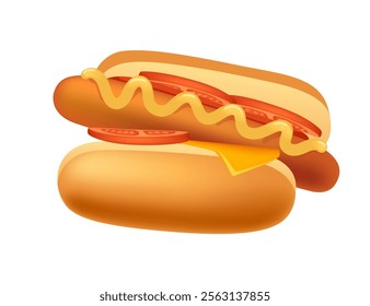 Cartoon 3d style hotdog with sausage, cheese, tomato and mustard sauce. Sweet tasty bun. Fastfood dinner. Vector illustration isolated on white background.