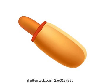 Cartoon 3d style hotdog with sausage and ketchup sauce. Sweet tasty bun. Fastfood dinner. Vector illustration isolated on white background.