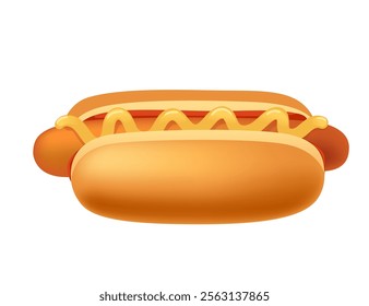 Cartoon 3d style hotdog with sausage and mustard sauce. Sweet tasty bun. Fastfood dinner. Vector illustration isolated on white background.