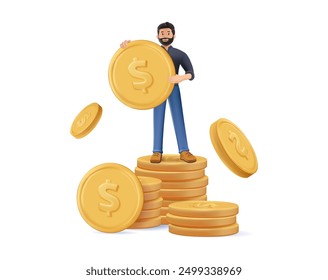 Ilustración vectorial de estilo 3D de dibujos animados. Hombre de negocios, personaje de la gente exitosa que hace dinero. Negocios y finanzas, tema de ahorro de dinero. Carrera, salario, ganancias y ganancias