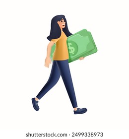 Ilustración vectorial de estilo 3D de dibujos animados. Empresaria que camina con la pila del dinero, carácter exitoso de la gente que hace dinero. Negocios y finanzas, tema de ahorro de dinero. Carrera, salario, ganancias y ganancias