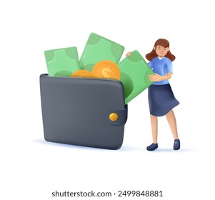 Ilustración vectorial de estilo 3D de dibujos animados. Empresaria, personaje de gente exitosa que gana dinero. Negocios y finanzas, tema de ahorro de dinero. Carrera, salario, ganancias y ganancias