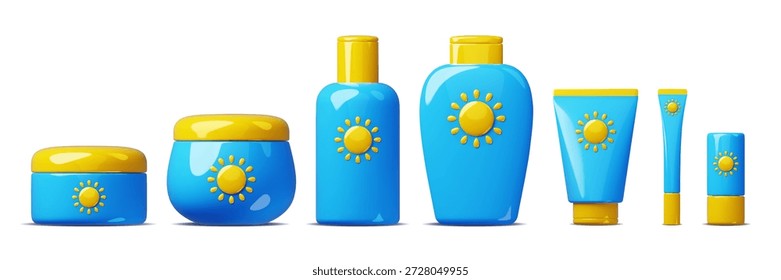 Cartoon 3d sol proteger cosméticos. Cremes de praia, géis com fator de protetor solar, frascos e recipientes de tubos, uv luz stop, produtos de cuidados com a pele embalagem, variedade classy vetor render brilhante conjunto isolado