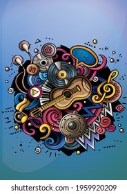 Cartoon 3D vector doodles music illustration. Colorful, detailed frame, with lots of objects, symbols and a purple background. All objects separate. Bright colors musical modern design.