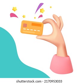 Cartoon 3d vector hand holding yellow credit card  icon design. Online payment and money financial security, online shopping business concept illustration.