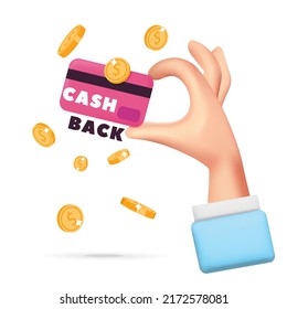 Cartoon 3d Vector Hand Holding Pink Credit Card  Icon Design. Get Started Cash Back With Credit  Or Debit Card. Finance Business Reward Bonus Loyalty Program With Dollar Gold Coins.