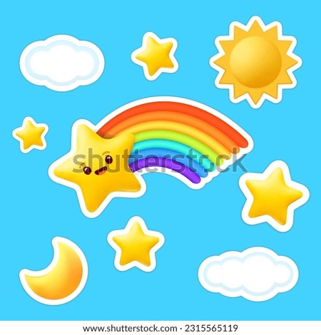 Cartoon 3D vector set of emoticons and stickers with stars, rainbow, sun, moon and clouds. Creative and funny cartoon characters isolated on a sunny sky background. Perfect for social media chat