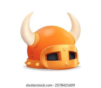 Cartoon 3D Viking Helmet with Big Curved Horns and Golden Metal Isolated on White Background. Cartoon Illustration of 3D viking helmet Icon. Vector Illustration for UI, Mobile phone apps, GUI. Vector