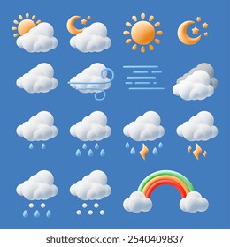 Cartoon 3d weather elements. Isolated forecast icons with rain, lightning thunderstorm, sun and clouds, rainbow and moon, cute render style isolated elements, plasticine objects, vector set