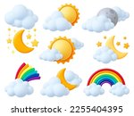 Cartoon 3d weather elements. Sun moon and stars, rainbow and fluffy clouds. Nature plasticine objects, render style design. Night morning pithy vector set