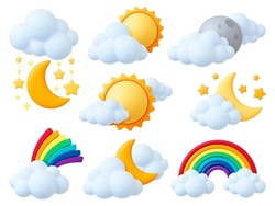 Cartoon 3d Weather Elements. Sun Moon And Stars, Rainbow And Fluffy Clouds. Nature Plasticine Objects, Render Style Design. Night Morning Pithy Vector Set