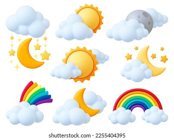 Viñeta de elementos meteorológicos 3d. Luna y estrellas de sol, arcoiris y nubes onduladas. Objetos de plastilina natural, diseño de estilo de representación. Juego de vectores de pipa nocturna