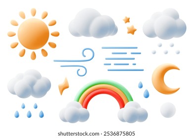 Cartoon 3d weather icons. Cute sun, moon and stars, clouds and rainbow in plasticine kids style. Crescent and wind symbol. Three dimensional clay shapes, forecast sign. Vector isolated set