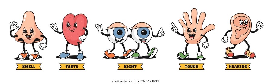 Cartoon 5 senses. Smell, taste, sight, touch and hearing mascot characters in 1930s rubber hose style vector illustration set of smell taste cartoon