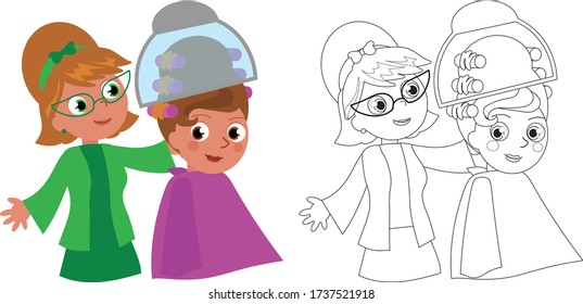 Cartoon 60's hair stylist and woman in beauty salon vector illustration