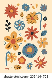 Cartoon 70s groovy floral poster composition. Various retro botanical elements, hand drawn decorative flowers and leaves.