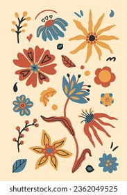 Cartoon 70s groovy floral poster composition. Various retro botanical elements, hand drawn decorative flowers and leaves.