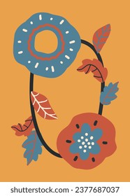 Cartoon 70s groovy floral poster composition. Naive retro botanical elements, hand drawn decorative flowers and leaves.