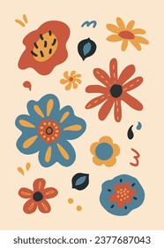 Cartoon 70s groovy floral poster composition. Naive retro botanical elements, hand drawn decorative flowers and leaves.