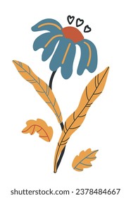 Cartoon 70s groovy floral poster composition. Naive retro botanical elements, hand drawn decorative flowers and leaves.