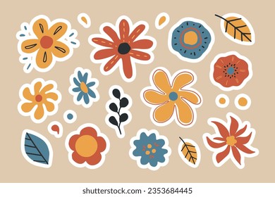 Cartoon 70s groovy floral sticker composition set. Various retro botanical elements, hand drawn decorative flowers and leaves collection.