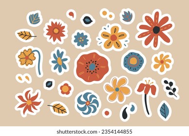 Cartoon 70s groovy floral sticker composition set. Various retro botanical elements, hand drawn decorative flowers and leaves collection.