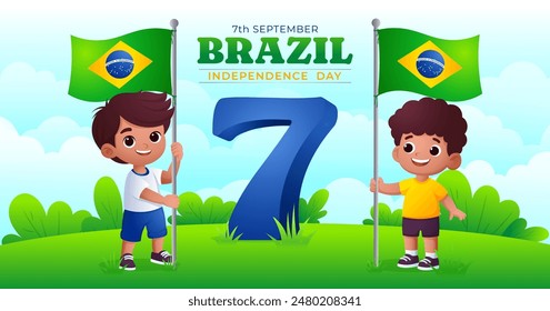 Cartoon 7. September Brasilien Independence Day Banner Design, zwei brasilianische Kinder, die die Fahne schwenken Übersetzung: Ordnung und Fortschritt