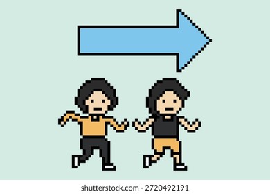 Dibujos animados de 8 bits lindo grupo de personas corren o corren maratón carrera de jogging junto con el estilo de vida de fondo de diseño de píxeles de arte.