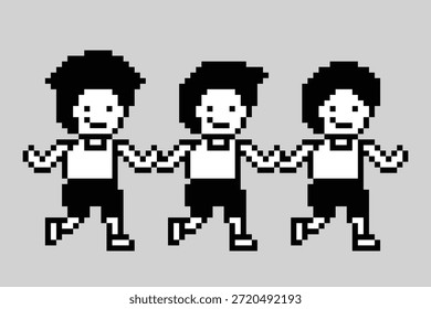Dibujos animados de 8 bits lindo grupo de personas corren o corren maratón carrera de jogging junto con el estilo de vida de fondo de diseño de píxeles de arte.