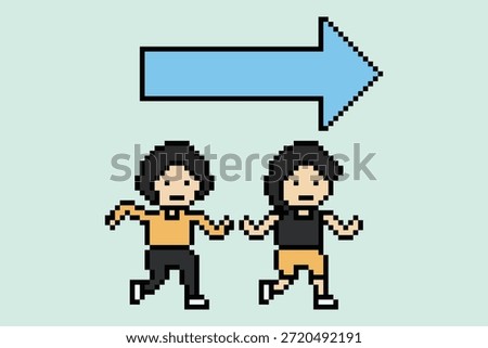 Cartoon 8 bit cute group people run or running marathon jogging race together with lifestyle background pixel art design.