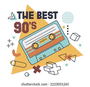 Cartoon 80s cassette tape, music audio cassette badge. Retro audio and stereo, 90s analogue player old tape vector symbols illustration. Pop culture song tape sticker