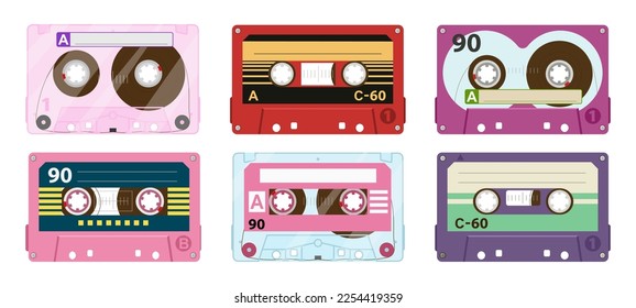 Cartoon 80s stereo tape cassette. Vintage tape records, 90s music audio cassette, analogue player old tape flat vector illustration set