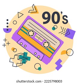 Cartoon 90s music audio and stereo tape sticker. Retro cassette tape, disco party badge, pop culture song tape badge isolated flat vector illustration on white background