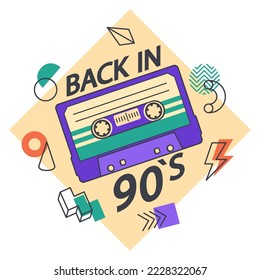 Cartoon 90s music audio and stereo tape sticker. Retro cassette tape, 80s pop culture song tape, disco party badge flat vector illustration on white background