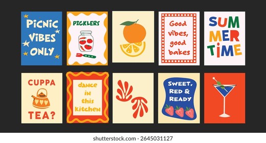 Cartoon 90s summer bistro banner set with aesthetic designs combining floral illustrations and sweet messages. Perfect for lifestyle branding, cafes, or eco markets.

